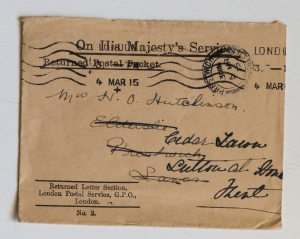 Envelope from the Returned Letter Section, GPO which contained Mrs Hutchinson's letter to her son